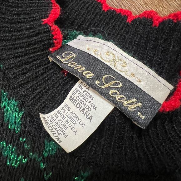 Vtg Ugly Christmas Sweater Womens Medium Black Red Poinsettia Dana Scott 80s - Picture 5 of 6